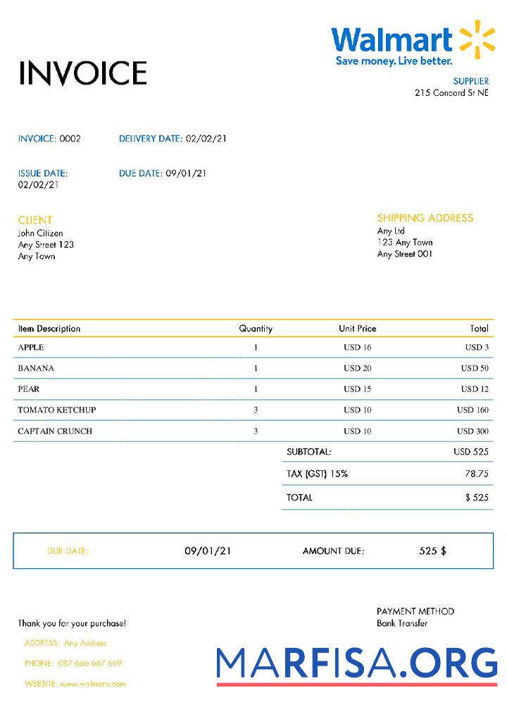 Blank USA Walmart invoice template